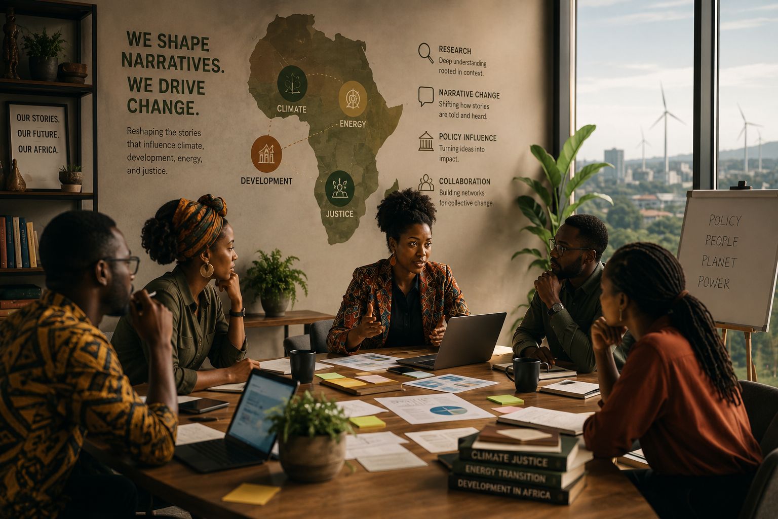 Isango Lencubeko team in a strategy meeting, wall reads 'We Shape Narratives. We Drive Change.'